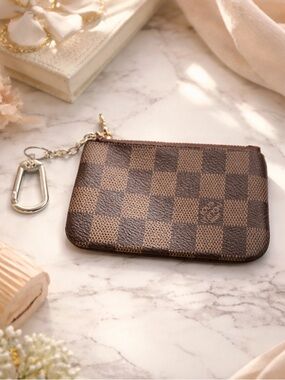 Brown Checkered Zip Key Pouch